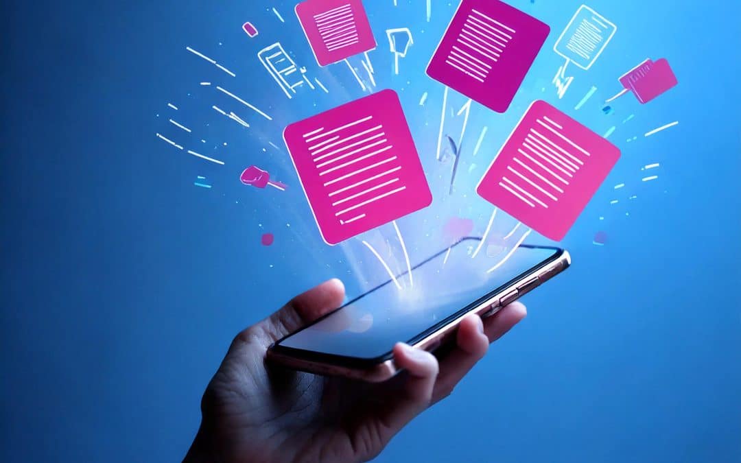Smartphone diffusant des micro-contenus pour illustrer les formats courts sur les réseaux sociaux B2B